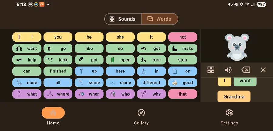 The epSpeak AAC word board with color-coded vocabulary